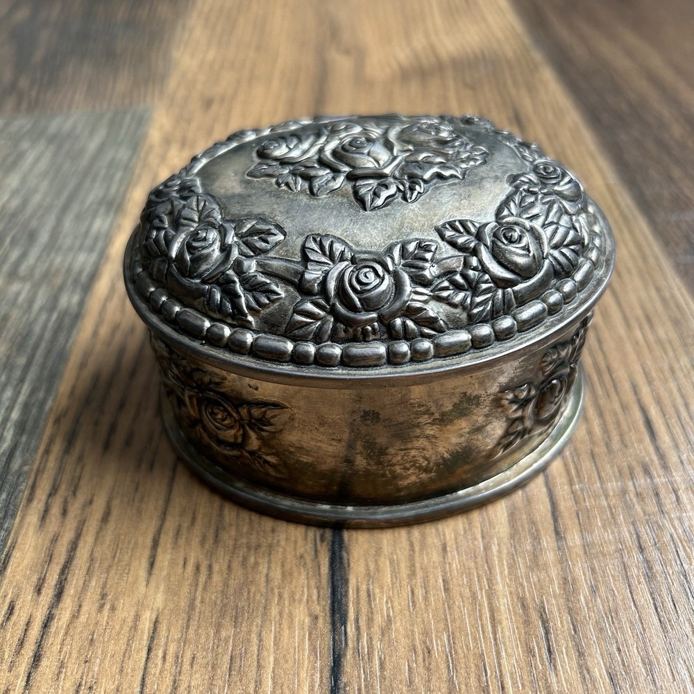 Vintage Ornate Silver Plated Oval Trinket Jewelry Box Repousse Floral Rose